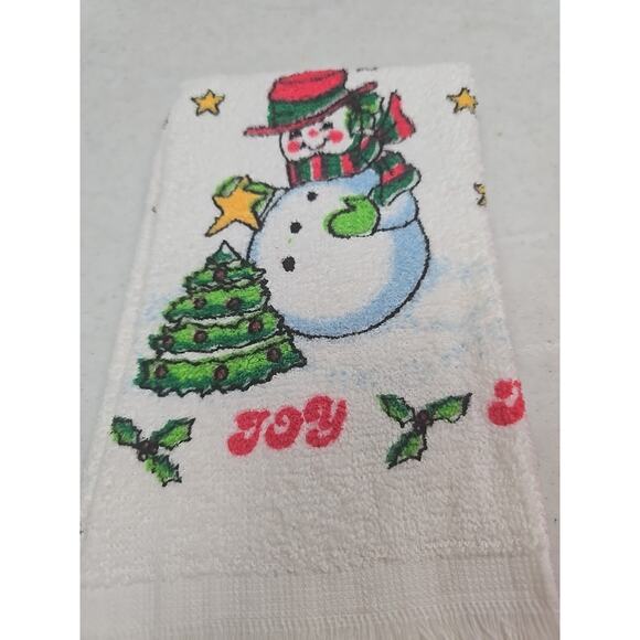 Lot of 2 Vintage Holiday Christmas Snowman Santa Claus Soft Fringe Hand Towels - Picture 2 of 7